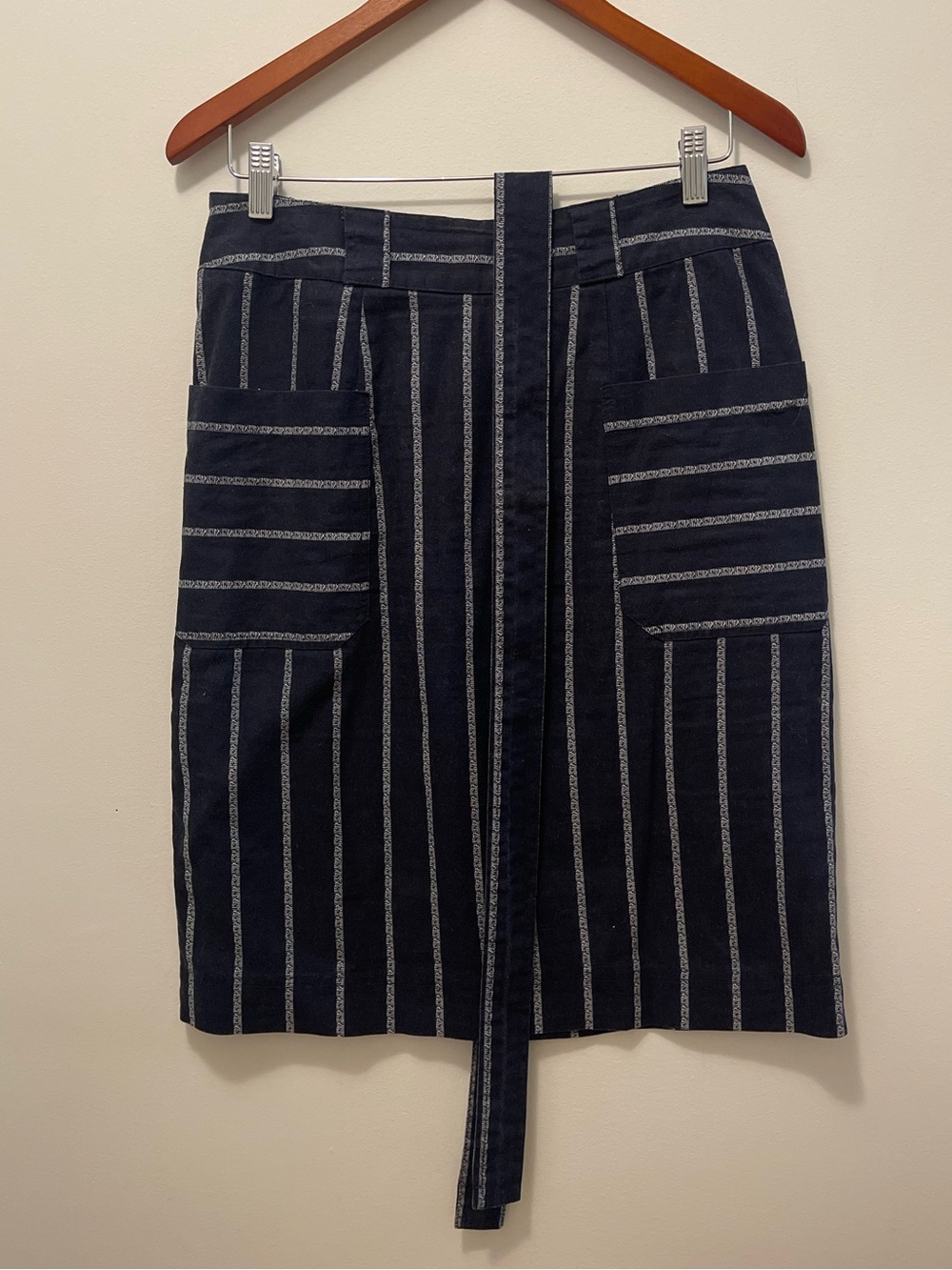 Paraphrase Navy and White Vertical-Stripe Tie-Waist A-Line Skirt